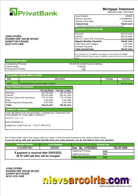 Ukrainian Privatbank bank mortgage statement